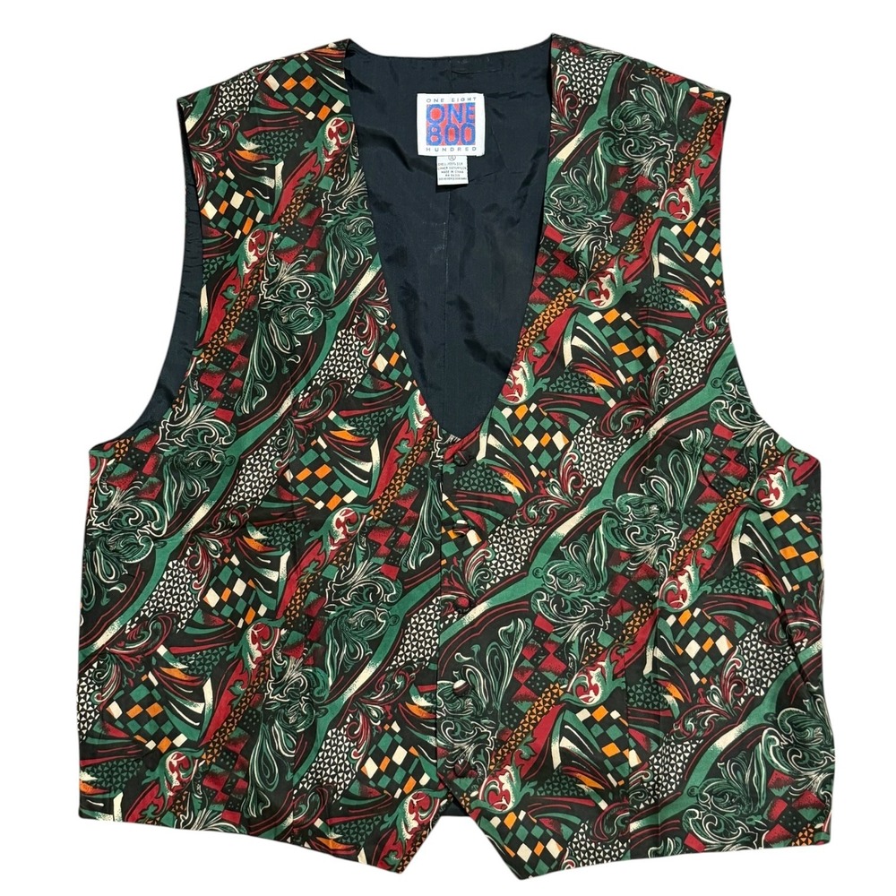 One 800 Retro 90s Vintage Silk Vest Novelty Print Multi-color Geometric Mens XL